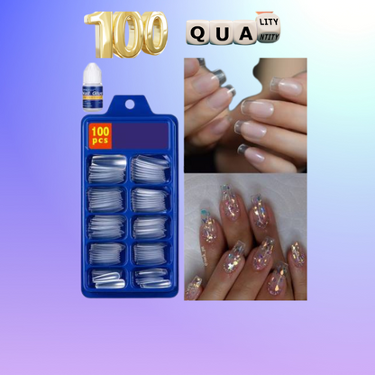 Facejewel Artificial Transparent 100 Pieces Reusable Fake Nail Tips With Nail Glue Transparent